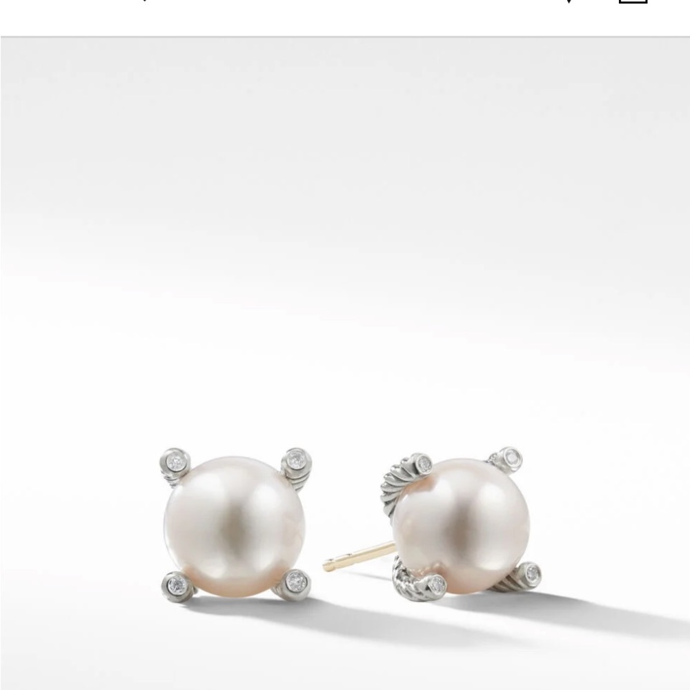 Cable Pearl Stud Earrings in Sterling Silver with Diamonds